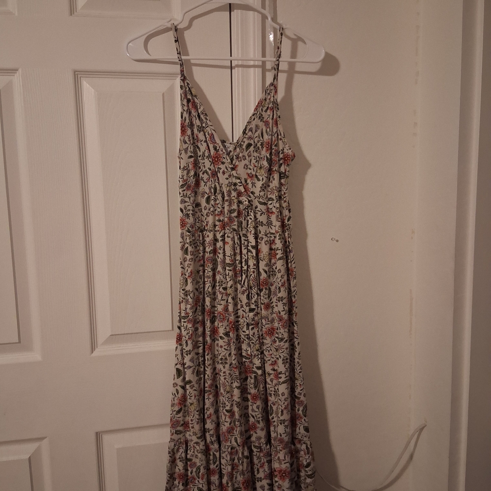 AUW Cream Floral Midi Dress with Pink and Green Print